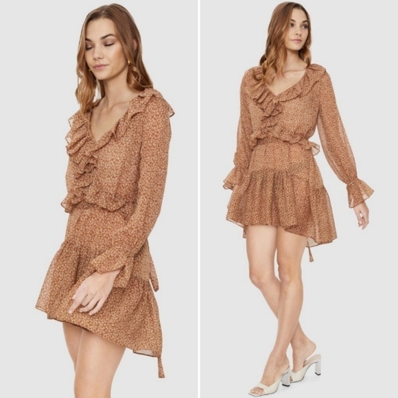 Cooper St NWT Rosie Long Sleeve Mini Dress 4 camel tan brown floral ruffle frill - Picture 10 of 10